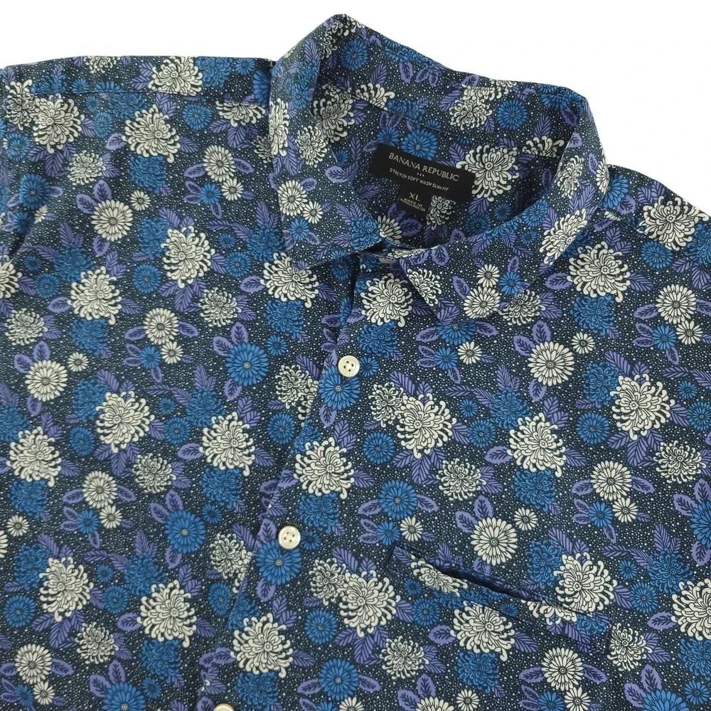 Banana Republic Shirt Mens XL Blue Floral Short Sleeve Button Up Slim Fit